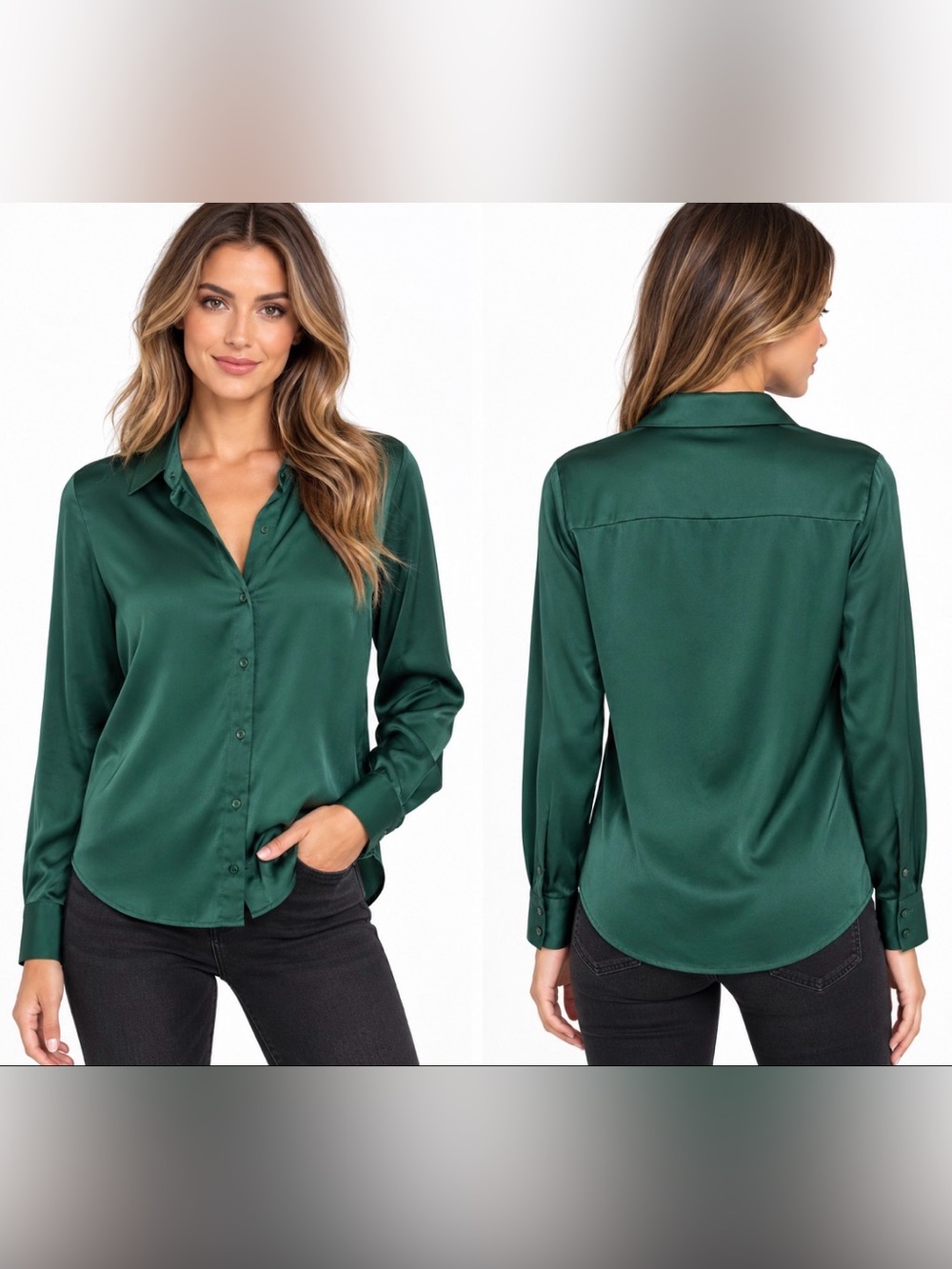 Maison d’Amélie Paris Emerald Green Satin Button Down Blouse XS